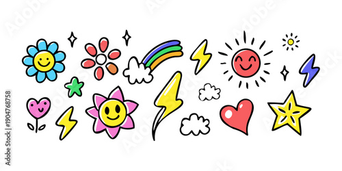Konstfotografi A colorful array of cartoonish stars, hearts, and flowers in a whimsical arrange