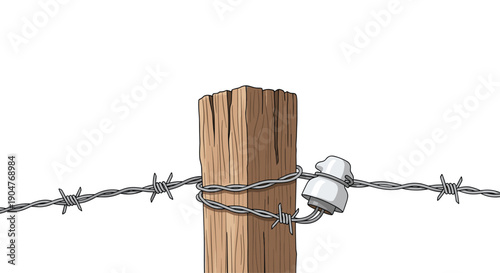 Detailed close-up of a wooden fence post featuring barbed wire attached with a ceramic insulator, indicating an