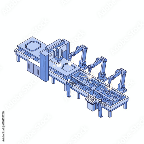 Isometric style, steel cutting and welding production line, linear isometric composition, metallic blue and silver colors, vector isometric