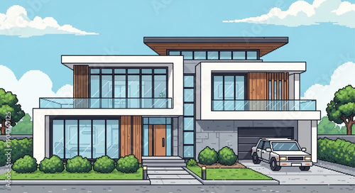Modern Luxury Two Story House with Garage and Car.
