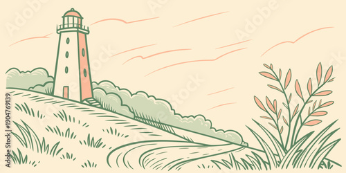 Schilderij op canvas A serene landscape featuring a tall lighthouse standing on a grassy hill Vector