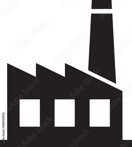 Simple black and white icon of a factory building with a tall chimney, representing industry, manufacturing, and production.