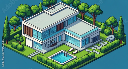 Modern Luxury House With Swimming Pool And Lush Green Garden.