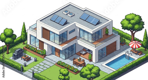 Modern Luxury House With Swimming Pool And Solar Panels.