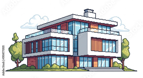 Modern Luxury Mansion with Large Windows and Balconies.