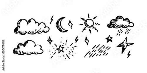 A collection of various weather icons depicting different atmospheric conditions. Vector