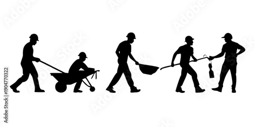 A sequence of silhouettes depicting various stages of manual labor and tool usage Vector