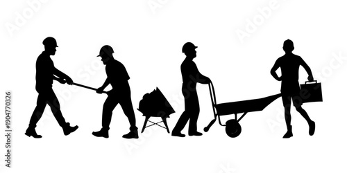 Silhouettes of construction workers carrying various tools and equipment Vector