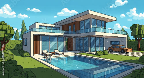 Modern Luxury Mansion With Swimming Pool And Car.