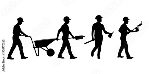 Four people engaged in various construction and maintenance activities. Vector