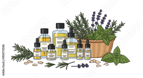 Collection of clear and amber glass bottles filled with natural essential oils, surrounded by fresh aromatic herbs such