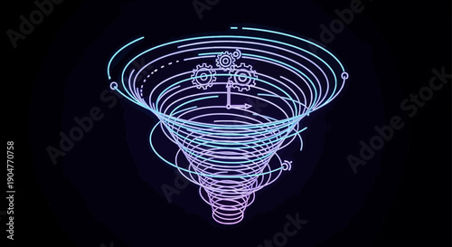 Neon glowing data processing funnel with abstract lines and gears illustrating digital workflow