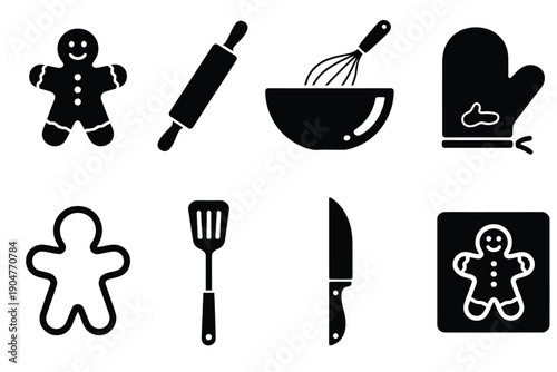 Gingerbread cookie icons showing baked treats, holiday decorations, and sweet dessert concepts in vector illustration