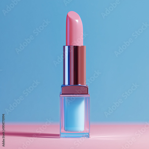 Pink lipstick in a sleek transparent tube on a pastel blue and pink background, minimal cosmetic product shot with clean lighting and modern commercial beauty style, for makeup advertising and brandin
