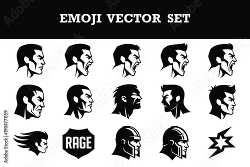Diverse collection of expressive emojistyle vector faces and icons depicting various emotions and themes like rage anger and intensity