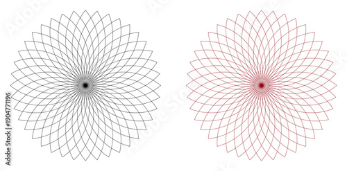 Two geometric mandala patterns intricate symmetrical designs in black and red isolated on white background for graphic design
