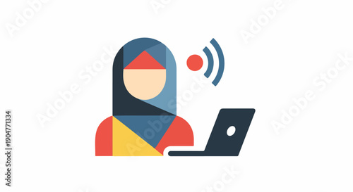 Modern Muslim woman in hijab working remotely on a laptop with a strong Wi-Fi signal, representing online education, business, and global connectivity.