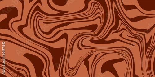 Retro coffee color background. Milk chocolate liquid dessert texture. Wavy swirl candy pattern for poster, cover, banner, pamphlet. Vintage brown trippy hippie wallpaper in 60s or 70s style. Vector