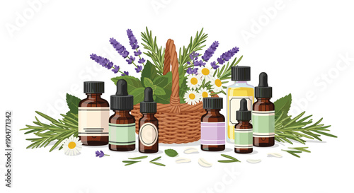 Assortment of amber and colorful essential oil bottles alongside a woven basket brimming with fresh aromatic herbs,
