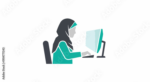 Professional Muslim woman wearing a hijab, diligently working at a computer desk. Modern flat vector illustration for business, education, or technology.