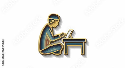 Iconic illustration of a person sitting cross-legged, focused on a laptop at a low table. Symbolizes remote work, online education, or digital nomad lifestyle.