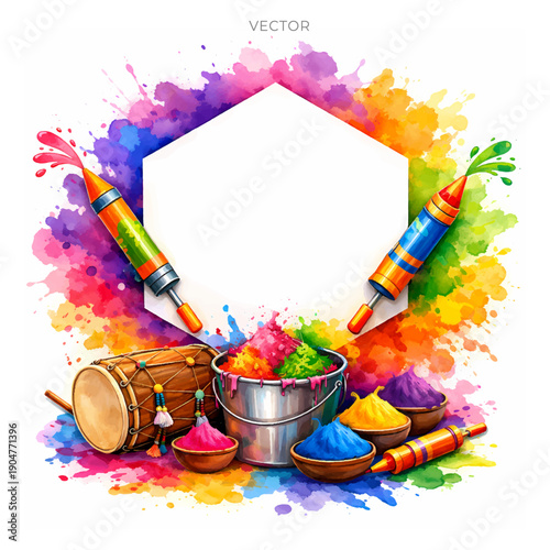 indian culture festival of holi and hexagon frame vibrant colourful background.