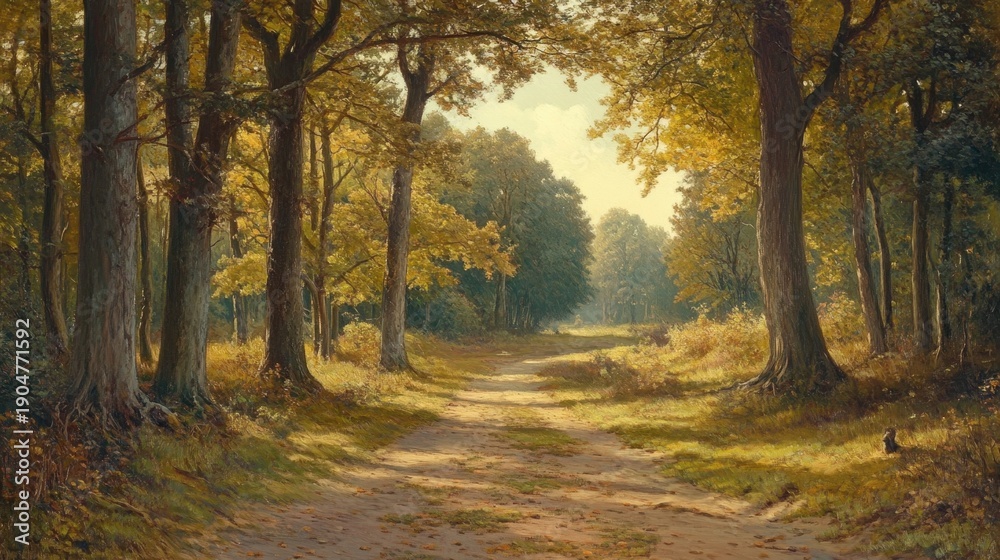 Obraz premium Sunlit Autumn Forest Path.