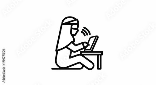 Muslim woman in hijab and face mask working remotely on laptop with Wi-Fi signal. Online learning, remote work, digital connectivity icon.