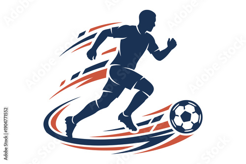 Dynamic illustration of a soccer player in action kicking the ball with speed and energy depicted through motion lines and vibrant colors