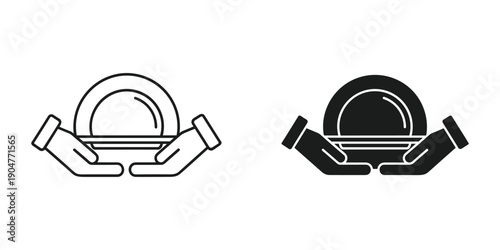 A black and white line drawing depicts hands gently holding a circular object resembling a plate or bowl high quality professional detailed modern elegant stylish clean