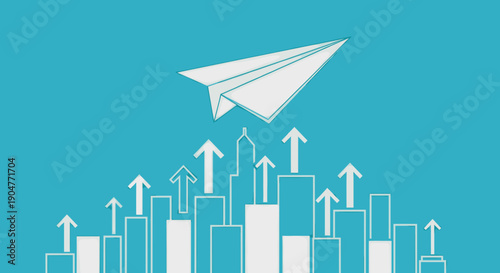 Paper Airplane Soaring Over a Vibrant City Skyline, Symbolizing Dreams Taking Flight and Aspirations Reaching New Heights in a Minimalist Artistic Style
