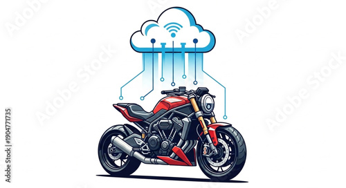 Modern motorcycle connected to cloud technology network.
