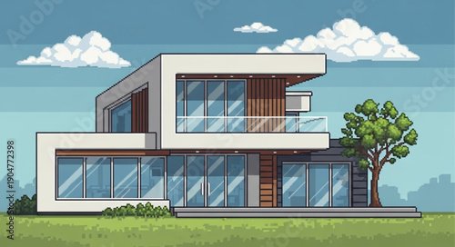 Modern Luxury Two Story House with Large Windows and Green Tree.