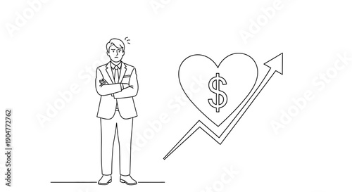 A thoughtful businessman stands with crossed arms beside a graphic representation of a heart with a dollar sign trending upwards, symbolizing financial growth and passion.