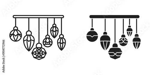 A minimalist black and white illustration depicts two similar chandeliers showcasing geometric designs and varying bulb shapes high quality professional detailed modern elegant stylish clean crisp