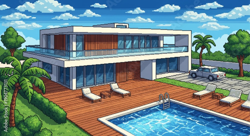 Modern Luxury Villa with Swimming Pool and Palm Trees.