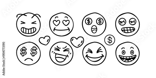 Foto A collection of diverse emoticons expressing various emotions and reactions Vect