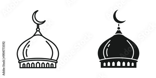 This image displays two black and white line art illustrations of islamic mosque domes with crescent moon finials high quality professional detailed modern elegant stylish clean