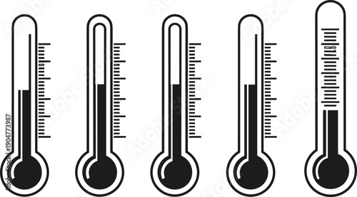 Set of Thermometer Icons Representing Different Temperature Levels for Weather Climate Control Fever Measurement Medical Health and Cold or Hot Weather