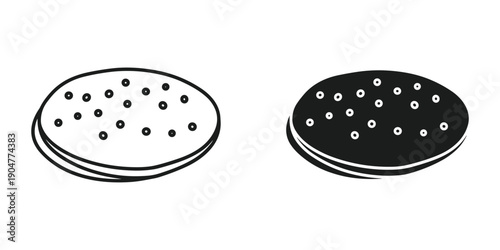 A simple black and white illustration depicts two chocolate sandwich cookies stacked with a creamy filling in between high quality professional detailed modern elegant stylish clean