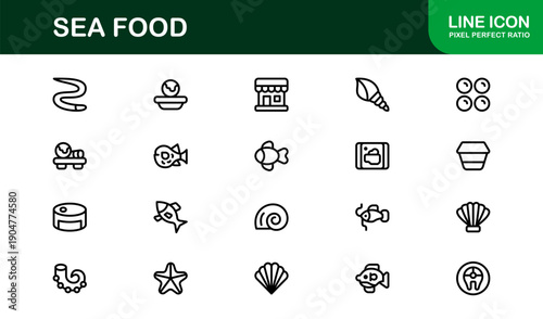 Sea Food Line Icon Set – Professional Minimal Vector Icons for Seafood Lovers, Restaurants, and Culinary Branding