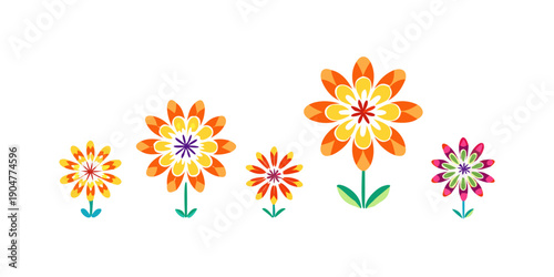 A delightful arrangement of colorful flowers in a row, each with unique petals and vibrant hues Vector