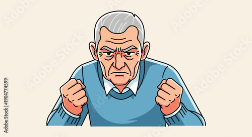 Angry senior man with clenched fists expressing frustration and rage.