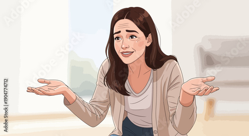 Cartoon Woman Shrugging with Open Palms in a Gesture of Uncertainty.