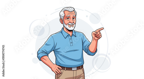 Confident Elderly Man Pointing with a Friendly Expression in Cartoon Style.