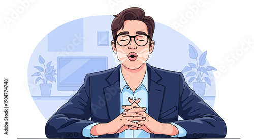 Concentrated Businessman Meditating at Desk for Stress Relief.