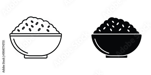 A simple black and white line drawing depicts two bowls filled with small granular seeds or grains high quality professional detailed modern elegant stylish clean crisp