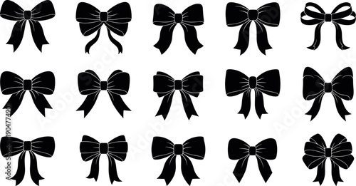 Collection of various black ribbon bow silhouettes for elegant gift wrapping wedding invitations greeting cards and decorative celebration design elements.