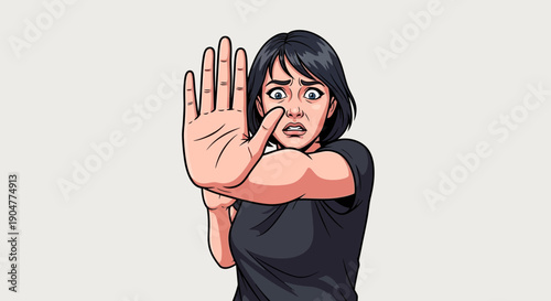 Frightened Woman Holding Hand Up in Stop Gesture Illustration.