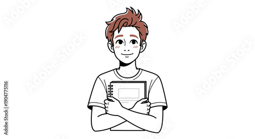 Illustration of a young man holding a notebook with crossed arms.